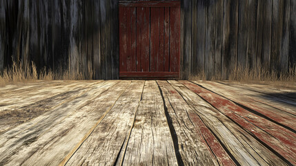 Rustic wooden floor with faded red paint and natural wood grain for a vintage farmhouse look.