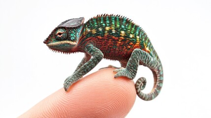 Obraz premium A Vibrant Chameleon Perched on a Finger