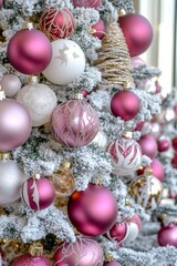 A vibrant close-up of a Christmas tree adorned with delicate pink and white ornaments, radiating festive cheer and holiday magic.