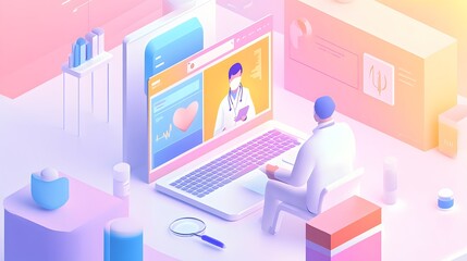 Fototapeta premium 1. A doctor performing a telemedicine consultation with a patient on a laptop, both on different sides of the screen