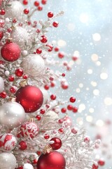 Fototapeta premium A festive Christmas tree adorned with vibrant red and white ornaments, radiating holiday cheer and warmth in a cozy atmosphere.