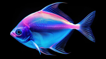 Fototapeta premium A stunning luminescent white and purple fish glides gracefully against a sleek black backdrop, showcasing vibrant colors.