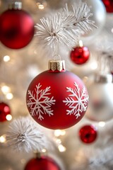 A vibrant red ornament dangles gracefully from the branches of a snowy white Christmas tree, evoking a festive and cheerful holiday spirit.