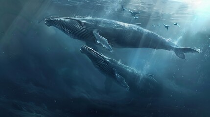 Fototapeta premium Blue whales swimming through deep ocean their immense size and graceful movements creating a majestic and aweinspiring scene