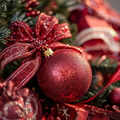 A vibrant red Christmas ornament adorned with a festive bow, capturing the joyful spirit of the holiday season and adding a touch of elegance to decorations.