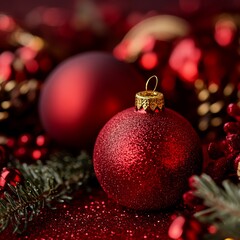 A vibrant red Christmas ornament adorned with a shimmering gold cap rests gracefully on a lush pine branch, evoking festive cheer and seasonal warmth.