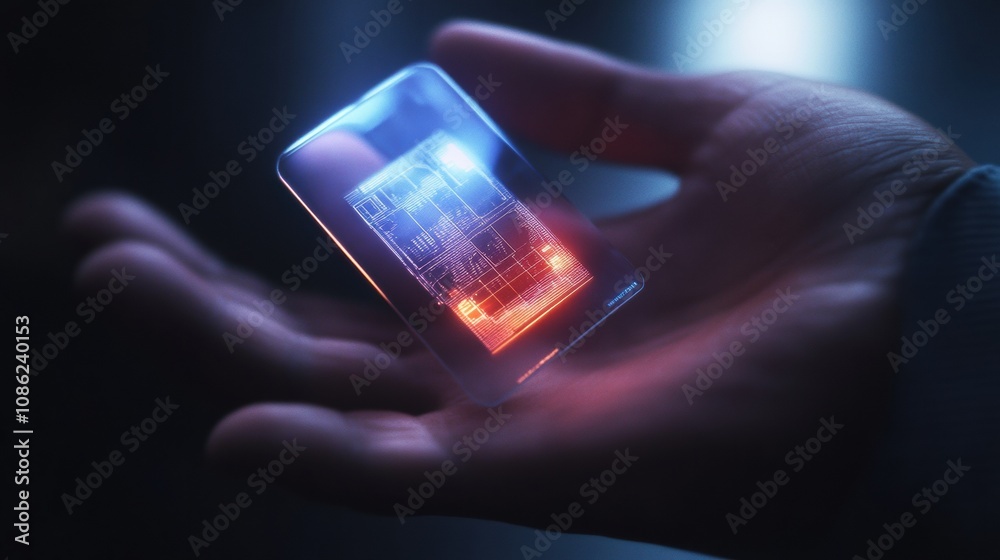 Aufkleber a hand is holding a micro biochip that projects holographic health metrics amidst a sleek technology