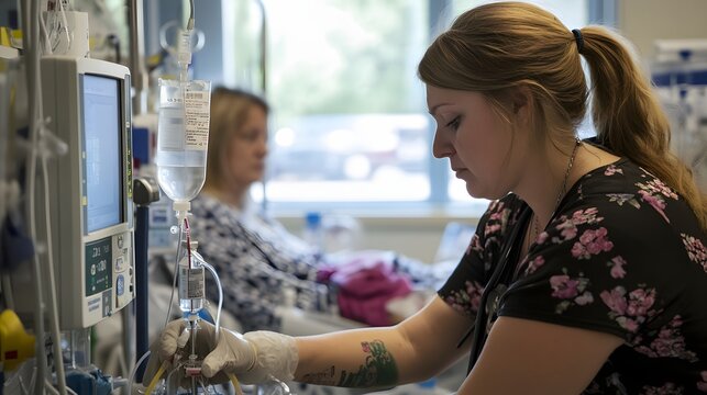 8. A nurse checking a patient is IV drip in a hospital ward