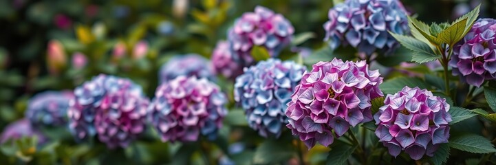 Fototapeta premium A hydrangea garden scene with soft focus and shallow depth of field, featuring multiple blooms and foliage, greenery, botanical