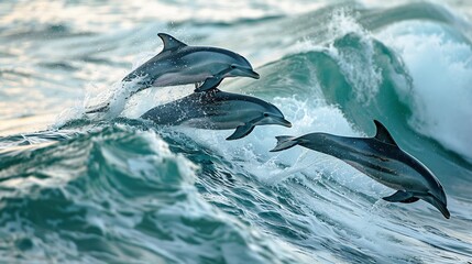 Naklejka premium Bottlenose dolphins surfing waves their joyful leaps and playful behavior showcasing their intelligence and social bonds