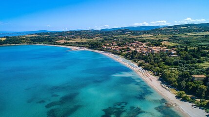 Fototapeta premium Aerial view of a beautiful beach with crystal-clear turquoise water, golden sand, and lush greenery.