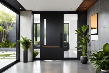 Modern home front door nestled in an interior with neat minimalist design