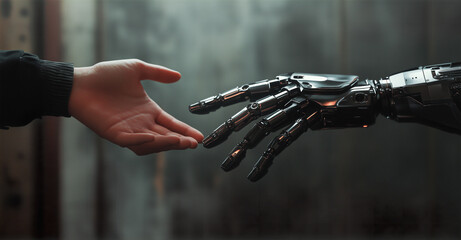 Human and Robot Handshake: A human hand reaches out to a robotic hand in a symbolic gesture of collaboration and the future of technology. The image evokes a sense of both mystery and promise.