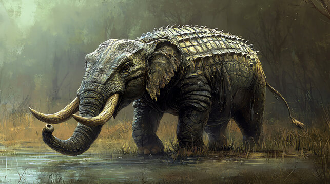 A unique creature blending the features of an elephant and a crocodile in a lush, swampy setting at dusk