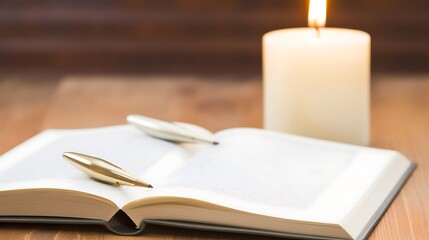 Open Book Pens Candle Wooden Tabletop Setting