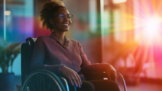 Smiling Woman in Wheelchair Inclusive Diversity Modern Office DEIB