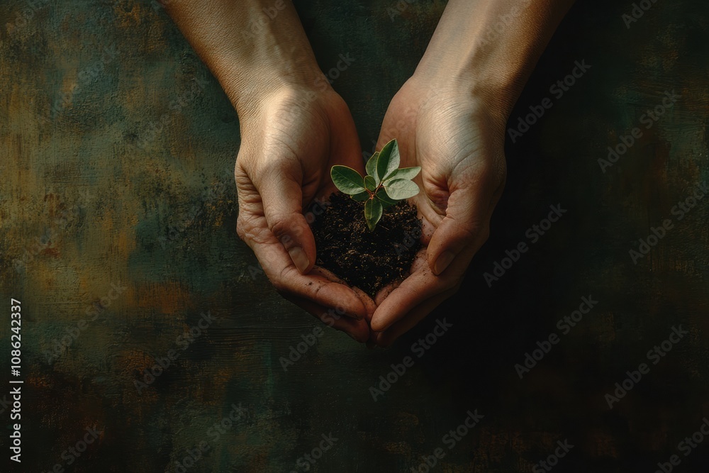 Poster two hands support a tiny seedling surrounded by soil, reflecting care and hope during a peaceful mom