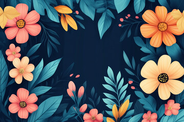 Vibrant Floral Frame With Dark Teal Leaves And Flowers