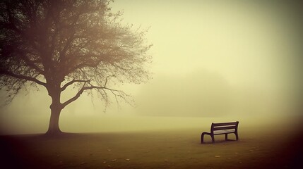 Lonely Bench Under Foggy Tree In Autumn Park