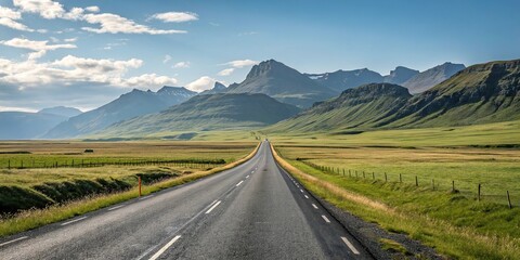 Naklejka premium A scenic drive on a straight asphalt road through a vast open landscape with rolling hills and towering mountains visible beyond the horizon, asphalt road, isolation, solitude, serenity