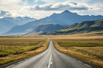 Naklejka premium A scenic drive on a straight asphalt road through a vast open landscape with rolling hills and towering mountains visible beyond the horizon, blue sky, isolation