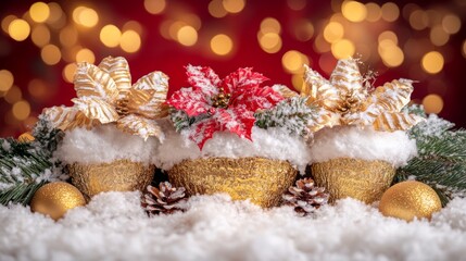 Three shimmering gold Christmas balls adorn a festive table, surrounded by delicate decorations, evoking warmth and holiday cheer.