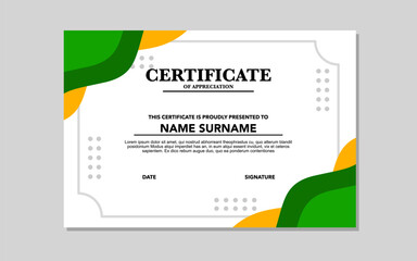 Green yellow certificate design names date signature spaces.