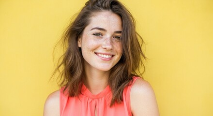 Smiling Caucasian woman with brown hair, wearing coral top, in front of yellow background