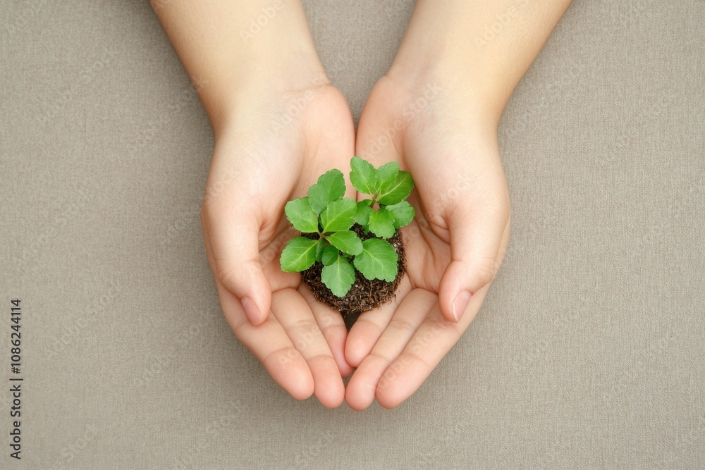 Aufkleber a pair of hands carefully supports a small seedling, showcasing a moment of nurturing growth and con