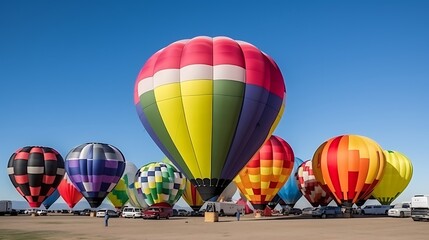 Naklejka premium Colorful Hot Air Balloons Prepare For Flight Under Blue Sky