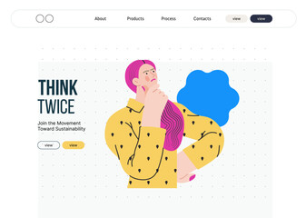 Thinking people, modern flat vector concept illustration- woman standing thoughtfully, looking upwards, bubble near head Metaphor for reflection, analysis, introspection, contemplation, deep thought