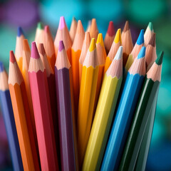 Multicolored pencil diversity, variety and uniqueness. Palette of colored crayons for artist inspiration. Colorful group of rainbow coloring pencils Back to school for drawing in the classroom.