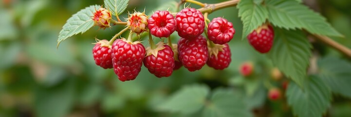 branch of ripe red raspberries in garden, lush, fruit