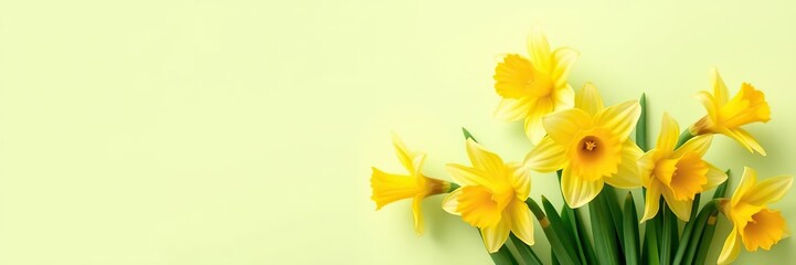 Fototapeta premium bright daffodils against light green background, spring flowers, springtime landscape