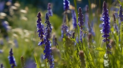 Fototapeta premium Blue Flowers Blooming In Sunny Meadow