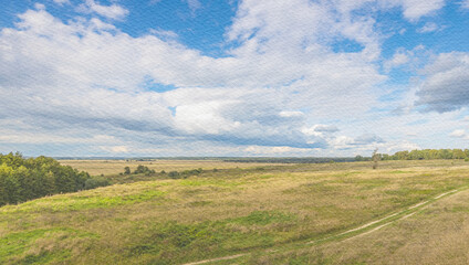 Large, open field with a few trees in the background