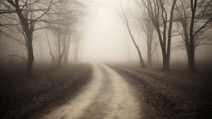 Foggy Forest Path Winding Through Bare Trees