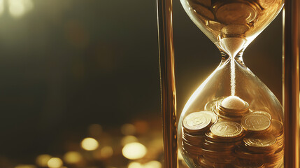 An hourglass filled with coins illustrating the passage of time and wealth accumulation in a warm, lit environment