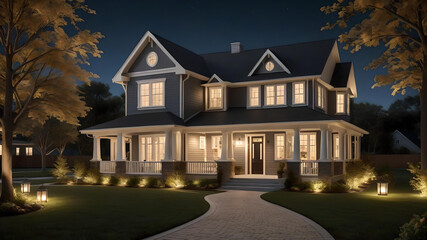 night time house with lights
