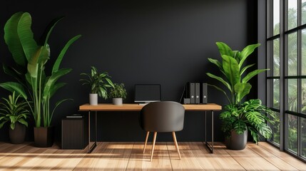 Fototapeta premium Modern Office Space with Blank Wall and Plants