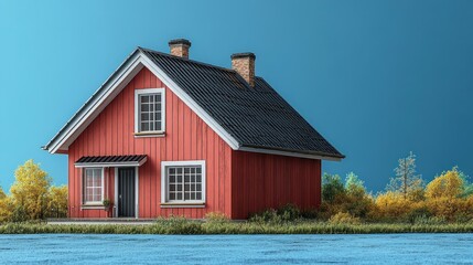 A charming red house surrounded by greenery and a blue sky.