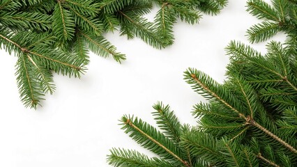 Dense fir branches with green needles scattered on a white background, Christmas ambiance, spruce branches
