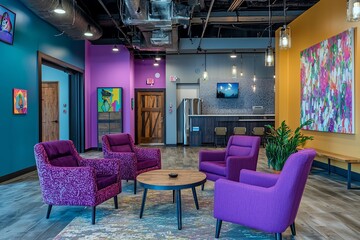 Modern Workspace Lounge with Vibrant Colors and Art