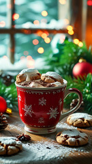 A table by a frosty window with Christmas cookies and a cozy mug of hot chocolate, decorated with red and green festive ornaments.