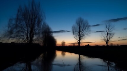 Silhouetted Trees Reflecting in Calm Water at Sunset