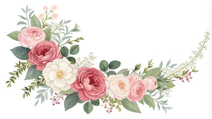 Elegant floral garland with roses peonies and baby's breath, peony, romantic decoration, baby's breath, vintage elegance