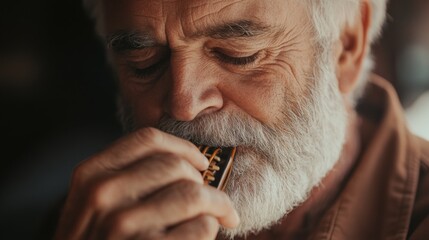 Senior Man Playing Harmonica - Close-up Portrait