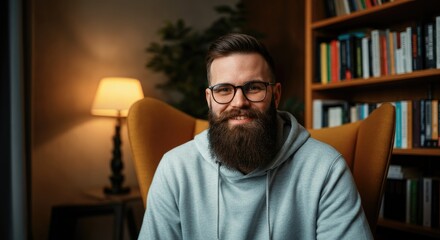 Obraz premium Bearded man in glasses and hoodie sitting cozy library with lamp