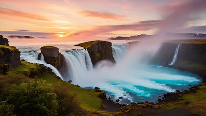 Fototapeta premium At sunset, the majestic Seljalandsfoss waterfall cascades down rocky cliffs, creating a breathtaking display of flowing water and vibrant colors against the Icelandic backdrop.