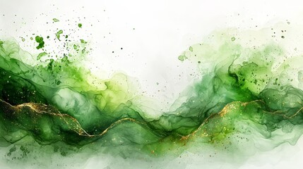Abstract green watercolor waves with gold accents on a light background.